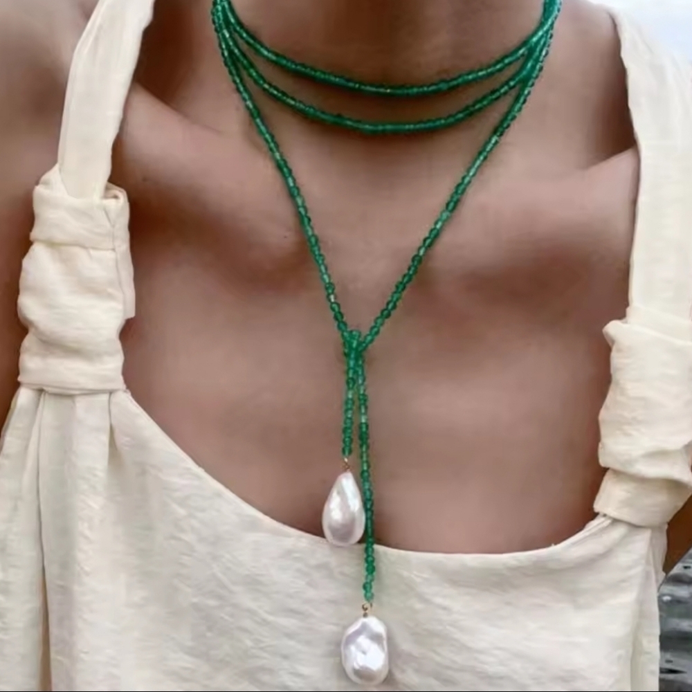 New! Baroque Pearl Lariat Necklace Green Crystal Beaded Wrap Choker NWOT #1080C